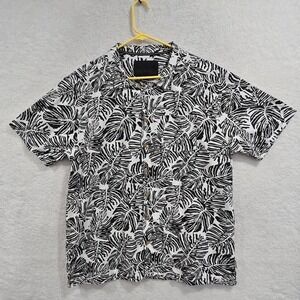 Soul Star Men's XL Black/White Leaf Print Tropical Short Sleeve Button-Up Shirt